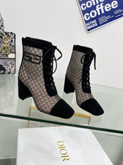 NAUGHTILY-D HEELED ANKLE BOOT IN BLACK EMBROIDERED MESH AND SUEDE 8 CM