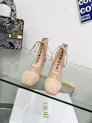 NAUGHTILY-D HEELED ANKLE BOOT IN BISQUE BEIGE EMBROIDERED MESH AND SUEDE 35 MM