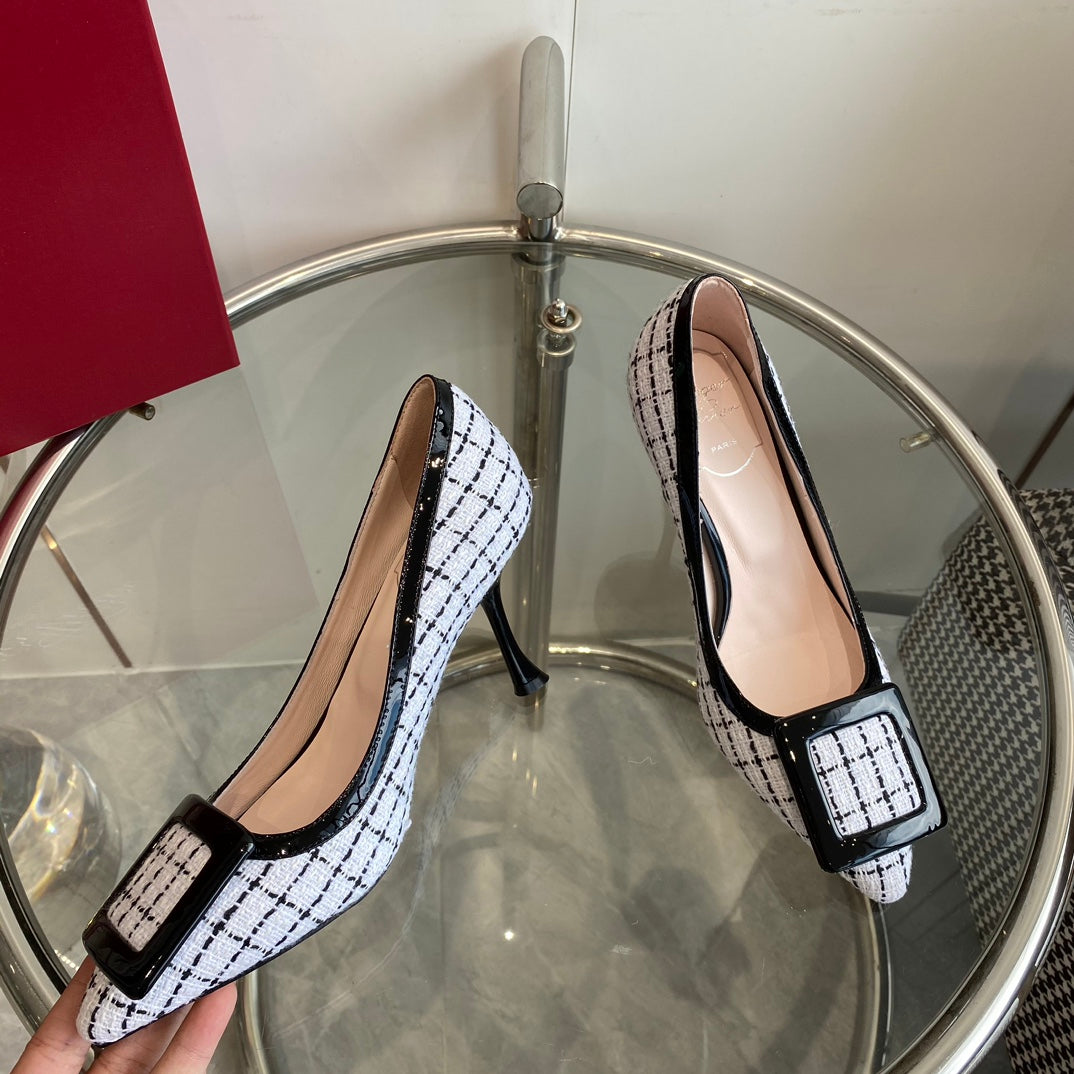 EFFLORESCENCE BALLERINAS PUMPS IN WHITE TWEED WITH FINE BLACK STRIPES EMBELLISHED CRYSTALS