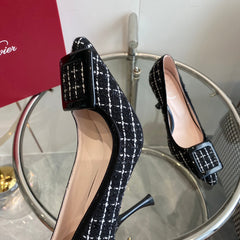 EFFLORESCENCE BALLERINAS PUMPS IN BLACK TWEED WITH FINE WHITE STRIPES EMBELLISHED CRYSTALS