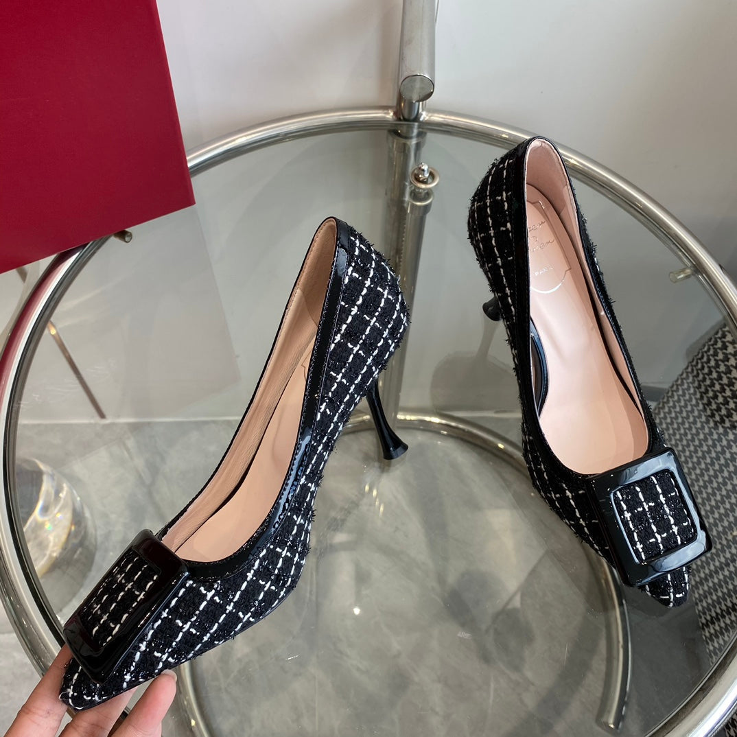 EFFLORESCENCE BALLERINAS PUMPS IN BLACK TWEED WITH FINE WHITE STRIPES EMBELLISHED CRYSTALS