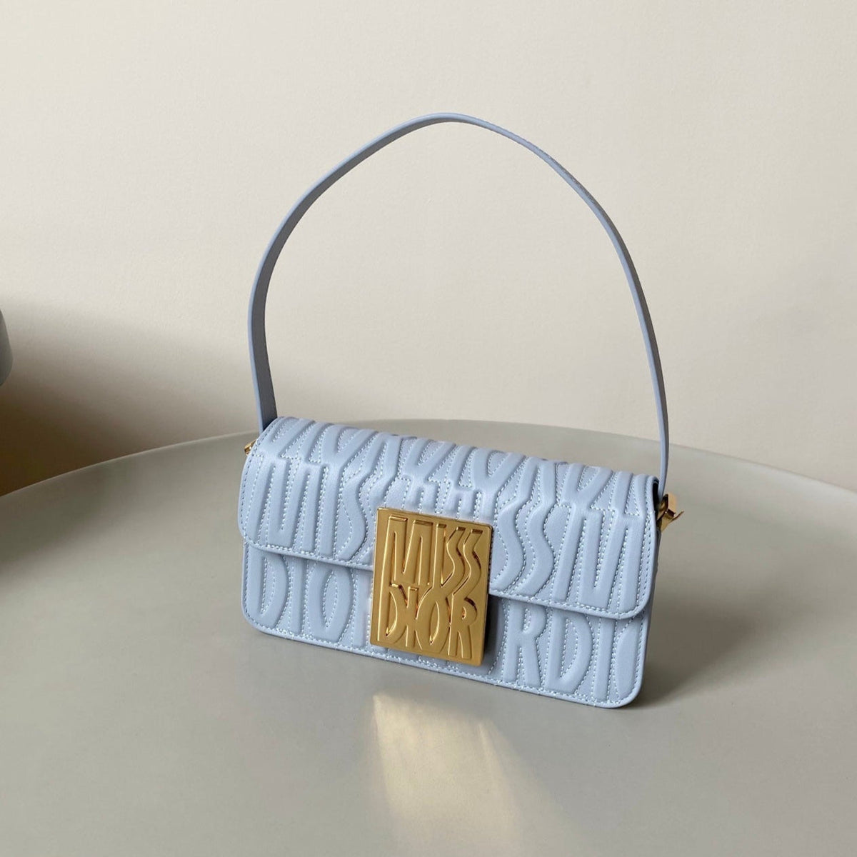 MEDIUM FLAP BAG 22 IN BABY BLUE QUILTED ALLOVER CALFSKIN