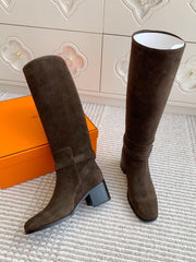 HM 25S TALL BOOTS 50 MM IN DARK BROWN SUEDE WITH GOLD HARDWARE