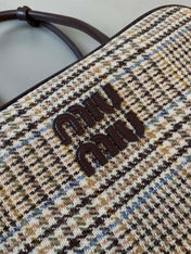 BEAU TOP HANDLE BAG 34 IN BEIGE TARTAN AND COCOA BROWN LEATHER TRIM