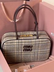 BEAU TOP HANDLE BAG 34 IN BEIGE TARTAN AND COCOA BROWN LEATHER TRIM