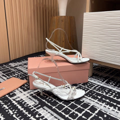 STRAP HIGH HEEL SANDALS IN WHITE SHINY LAMBSKIN