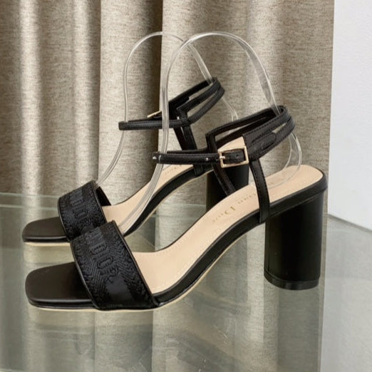 DWAY HIGH HEEL EMBROIDERED SANDAL BLACK CALFSKIN 75 MM