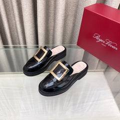 VIV' RANGERS MULES IN BLACK PATENT CALFSKIN GOLD BUCKLE
