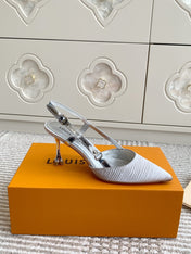 BLOSSOM SLINGBACKS 75 MM IN SILVER IMPORTED STRIPED SILK SATIN