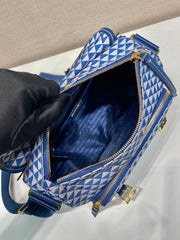 MESSENGER BAG 25 IN BLUE MIX WHITE TRIANGLE PATTERN EMBROIDERED FABRIC