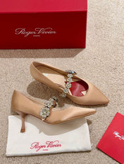 EFFLORESCENCE MARY JANE PUMPS IN TAN BEIGE SILK