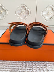 HM 26S CHYPRE SANDALS IN CARAMEL BROWN SUEDE WITH EMBROIDERED PATTERN STRAP