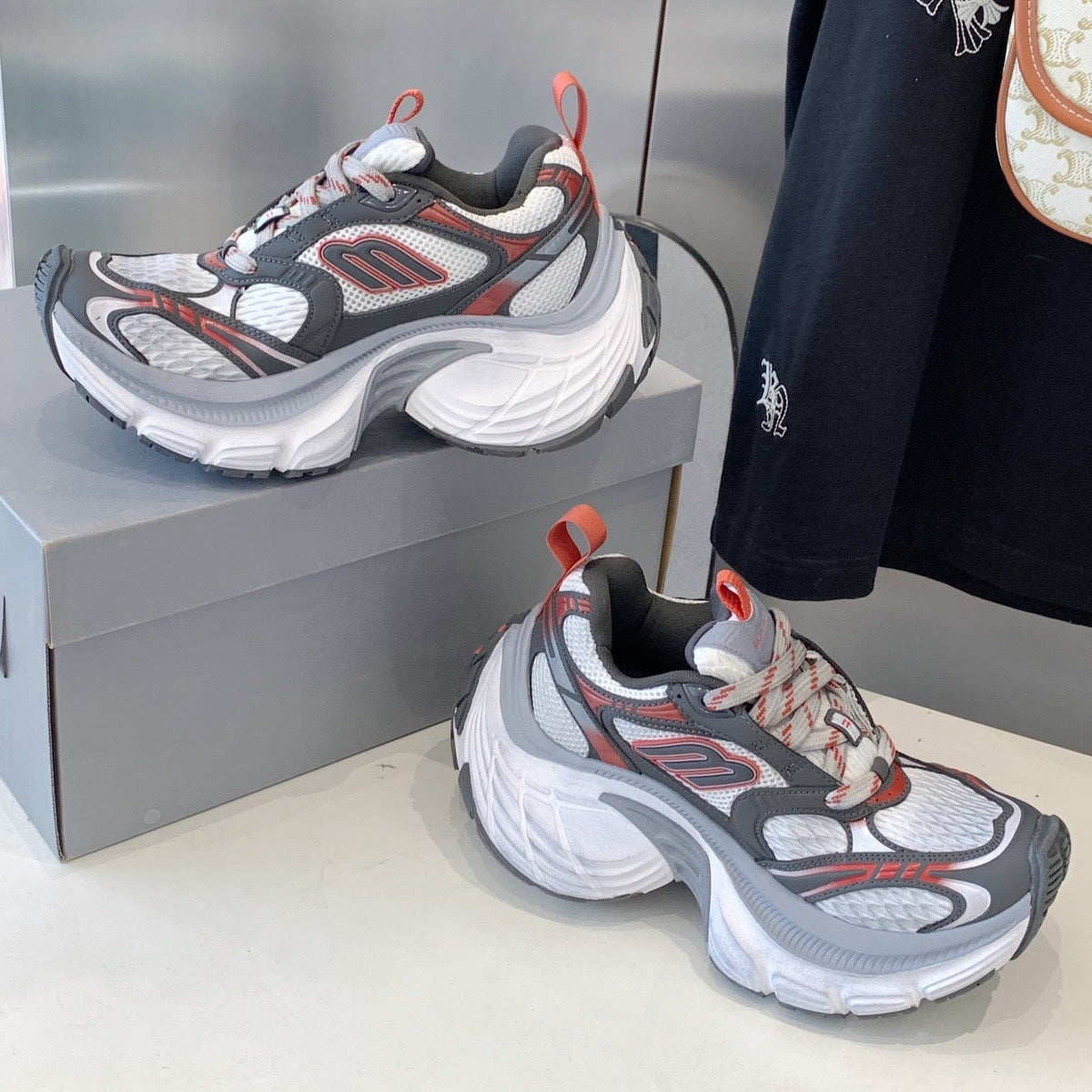 DAD SHOES IN GREY RED WHITE MESH AND CALFSKIN