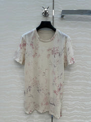 DIOR INK FLOWER PRINTED COTTON-LINEN T-SHIRT