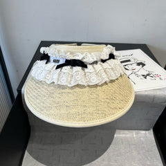 MM OPEN-TOP STRAW HAT IN LIGHT BEIGE MIX WHITE EYELET FABRIC