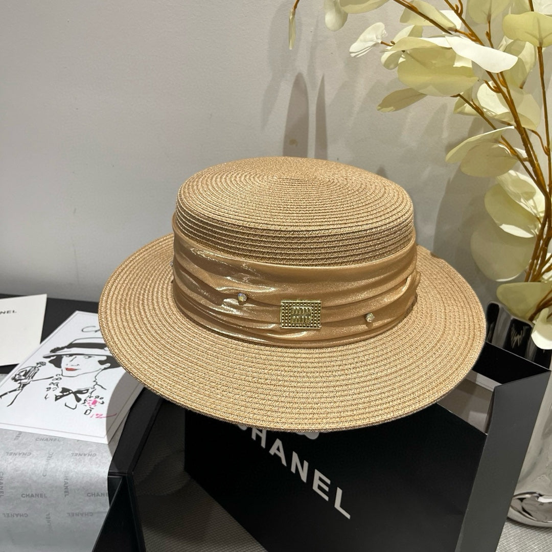 MM STRAW HAT IN BEIGE WITH RHINESTONE EMBELLISHED