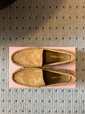 MIUMIU 26S LOAFERS IN TAN BROWN SUEDE