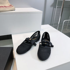 CHANEL FLAT MARY JANE SHOES 25S IN BLACK MESH FABRIC EMBOSSED LOGO WITH BOW