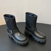 PRADA 25S PLATFORM ANKLE BOOTS IN BLACK CALFSKIN WITH SILVER HARDWARE