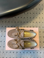 MIUMIU 26S TASSEL LOAFERS IN TAUPE BROWN SUEDE