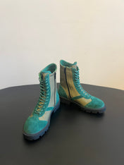 CELINE 26S LACE-UP ANKLE BOOTS IN TEAL GREEN SUEDE AND GRAYISH GREEN LAMBSKIN