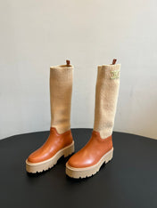 CELINE 26S HIGH-TOP BOOTS 60 MM IN ORANGE BROWN CALFSKIN AND BEIGE WOOL