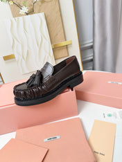 MIUMIU 26S TASSEL LOAFERS IN DARK BROWN CALFSKIN