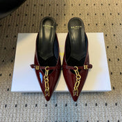 BALMAIN 26S GOLD CHAIN HIGH HEEL MULES 45 MM IN DARK RED PATENT CALFSKIN