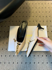 BALMAIN 26S GOLD CHAIN HIGH HEEL MULES 45 MM IN BEIGE CALFSKIN