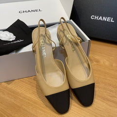 SLINGBACKS IN BEIGE LAMBSKIN AND BLACK SATIN