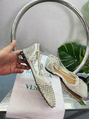 LIDO BALLET FLATS IN WHITE SATIN CRYSTAL EMBELLISHED MESH WITH LACE-UP STRAPS