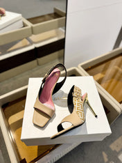 RUBY SANDALS IN BEIGE CALFSKIN AND PB LABYRINTH CANVAS