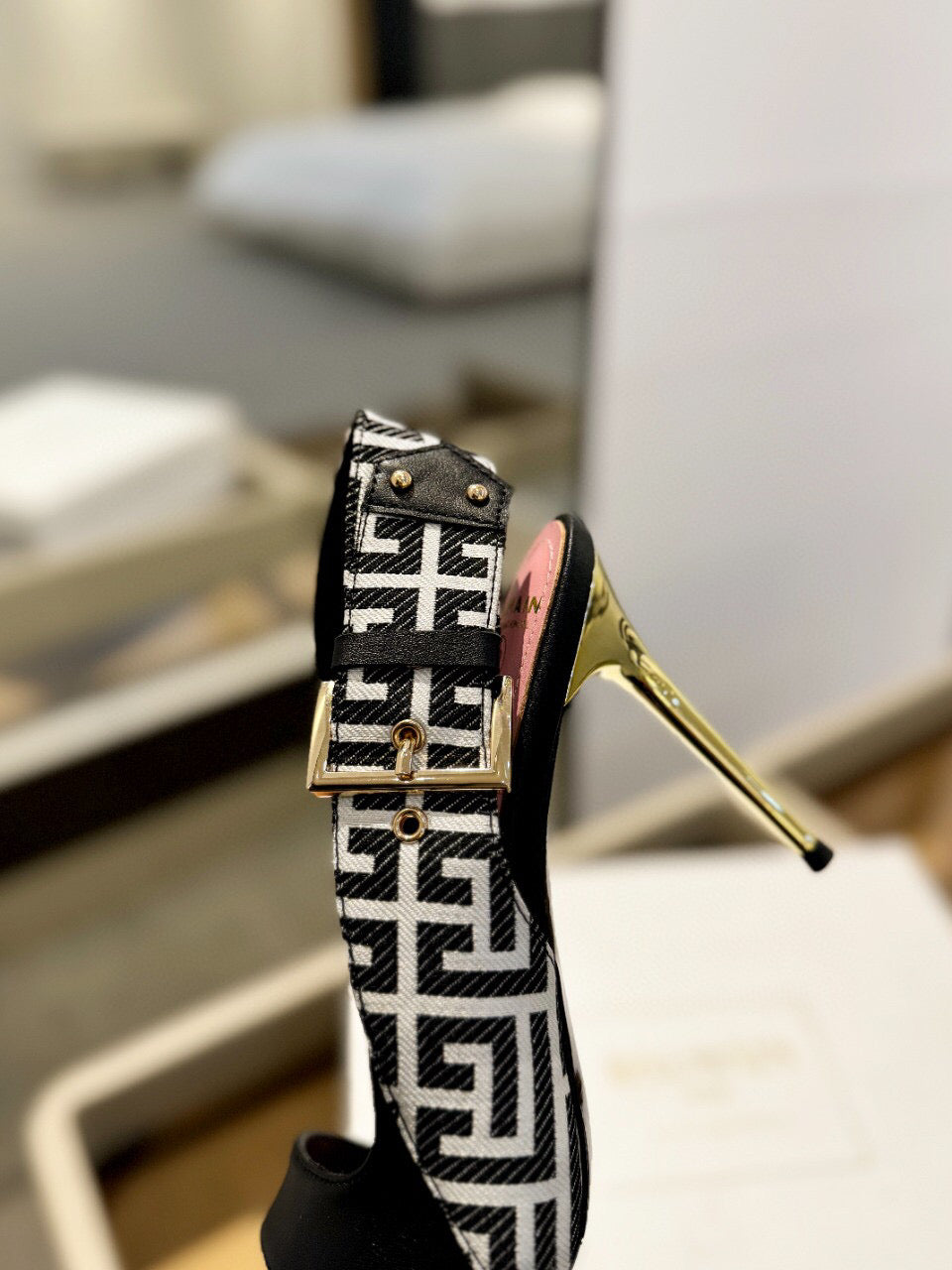 RUBY SANDALS IN BLACK CALFSKIN AND PB LABYRINTH CANVAS