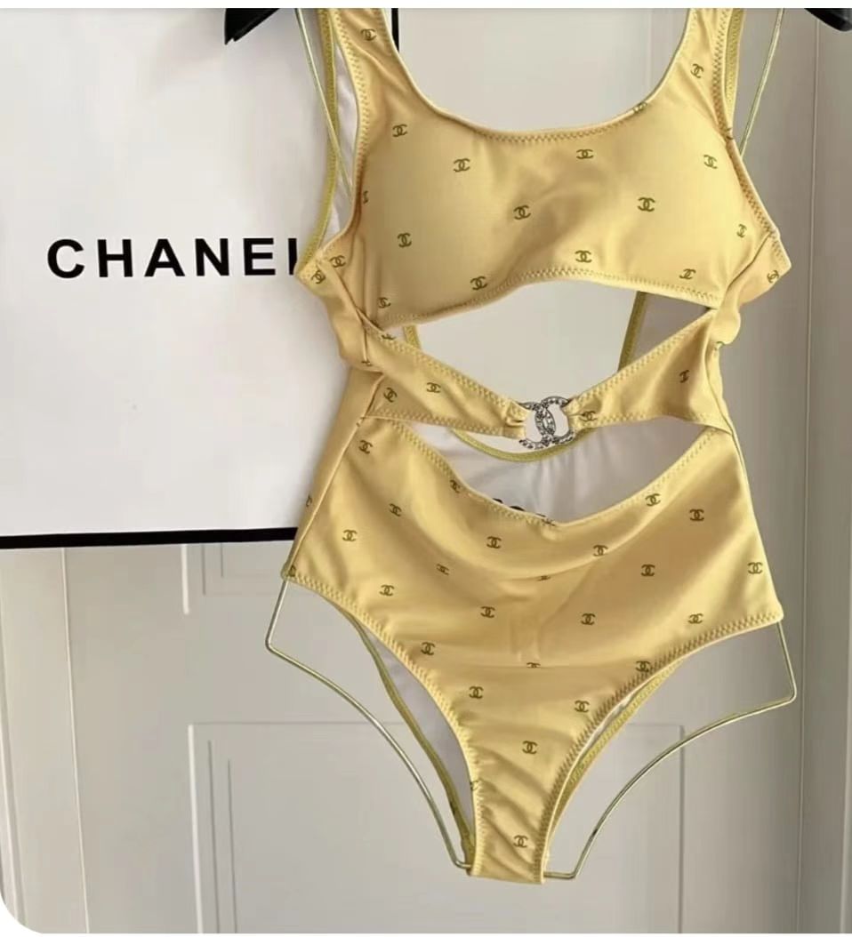 CC MONOGRAM SWIMSUIT IN YELLOW STRETCH NYLON