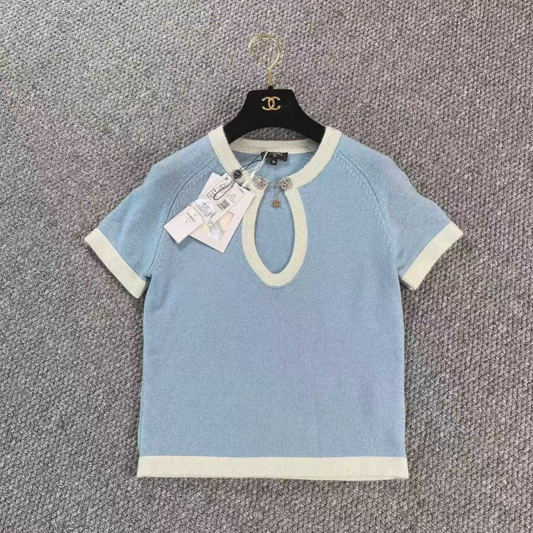 CC BOUTIQUE T-SHIRT IN BABY BLUE AND WHITE COTTON KNIT