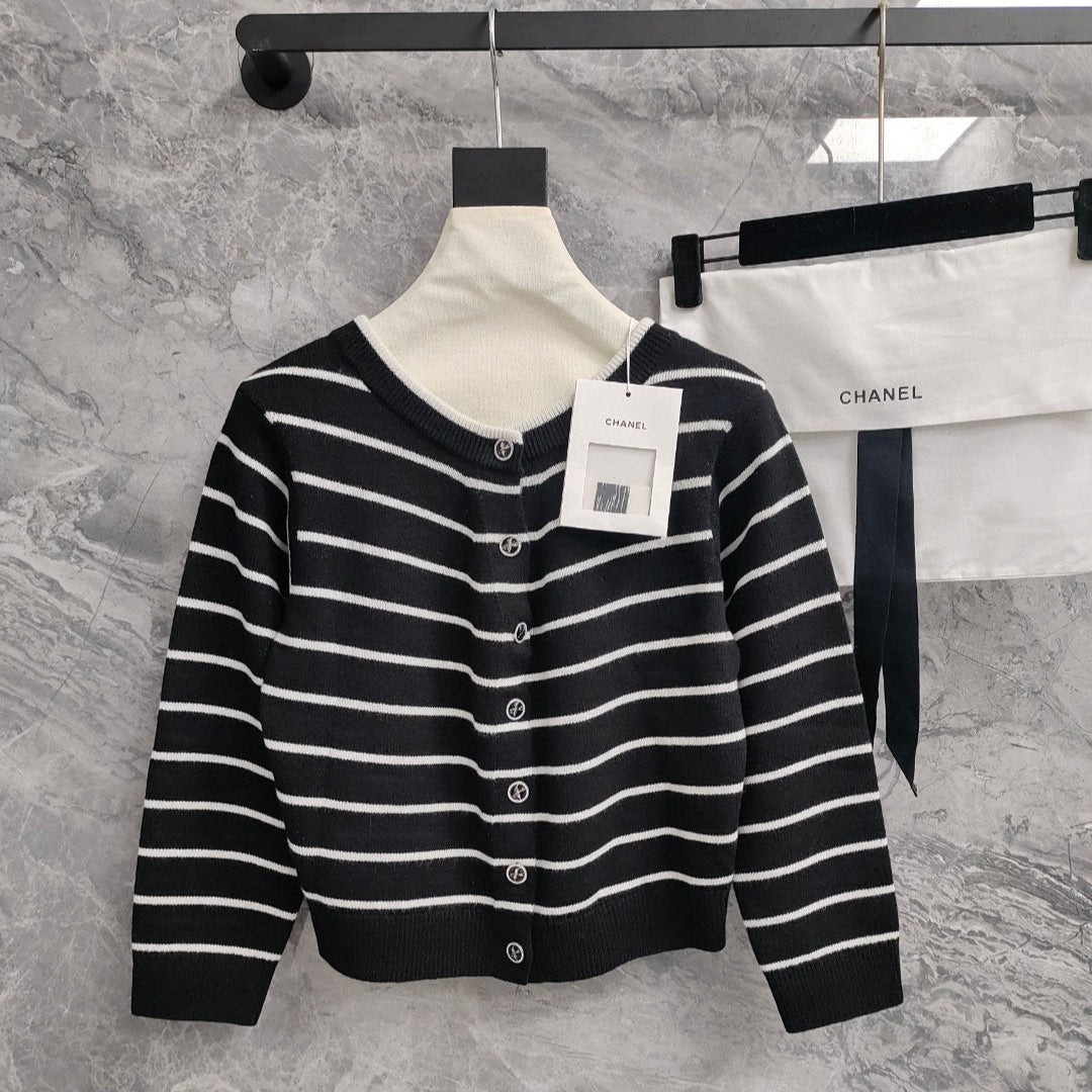 CC NAUTICAL CARDIGAN IN BLACK AND WHITE COTTON KNIT WITH STRIPED DESIGN WITH CC BUTTONS