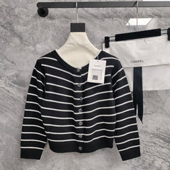 CC NAUTICAL CARDIGAN IN BLACK AND WHITE COTTON KNIT WITH STRIPED DESIGN WITH CC BUTTONS