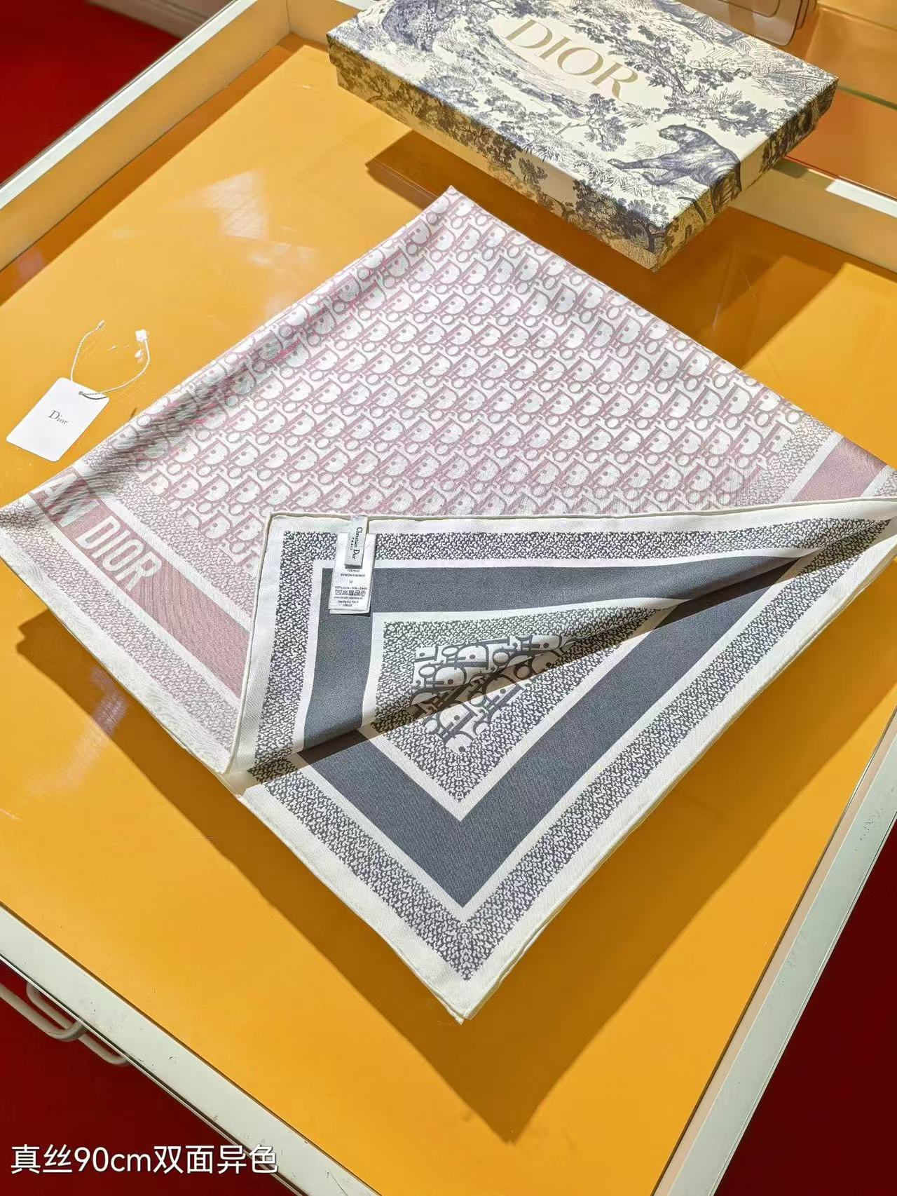 CD SCARF DOUBLE-SIDED IN PINK AND GREY MONOGRAM SILK