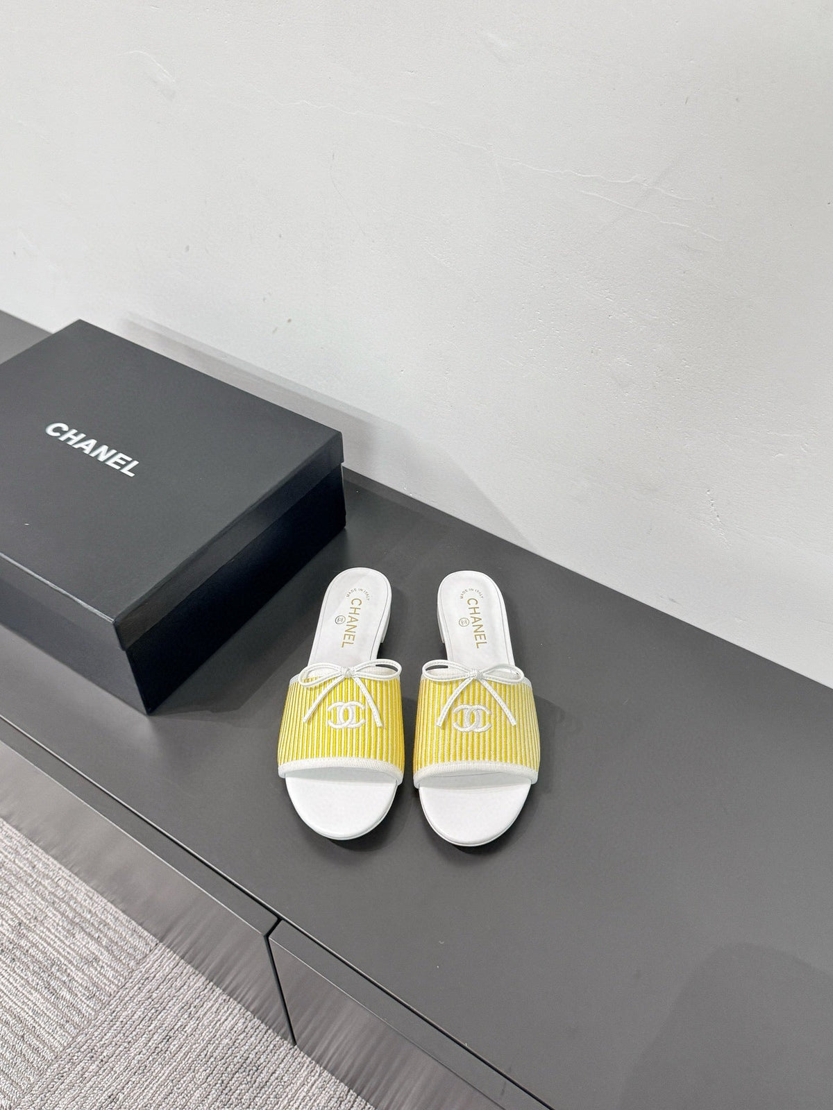 CC STRIPED SLIDE SANDALS IN YELLOW AND WHITE CANVAS