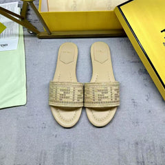 FF SLIDE SANDALS IN BEIGE WOVEN RAFFIA