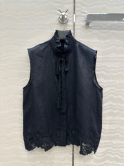 SLEEVELESS BLOUSE IN BLACK LINEN LACE TRIM AND NECK TIE