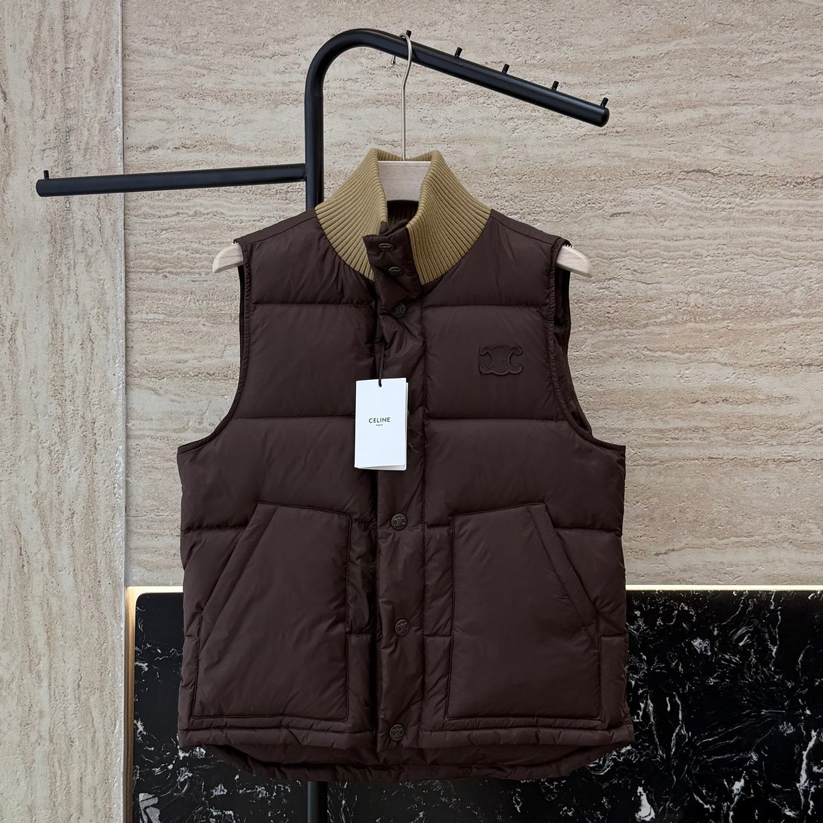 CELINE SLEEVELESS PUFFER JACKET IN BROWN