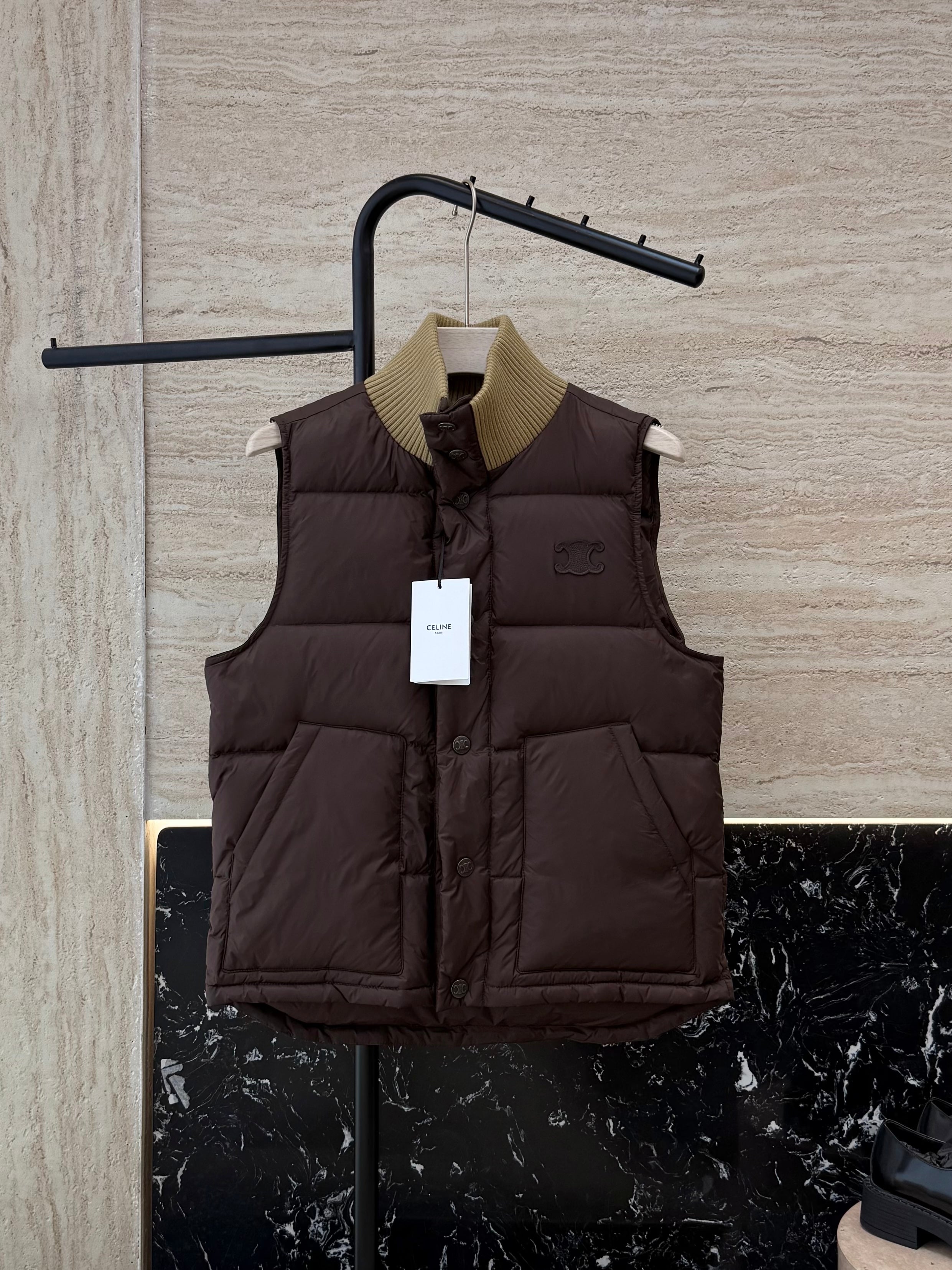 CELINE SLEEVELESS PUFFER JACKET IN BROWN
