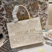 CD BOOK TOTE BAG 36 IN IVORY BEIGE EMBROIDERED CANVAS