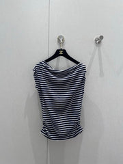 CC 25 Striped One-shoulder Short-sleeved T-shirt Cotton
