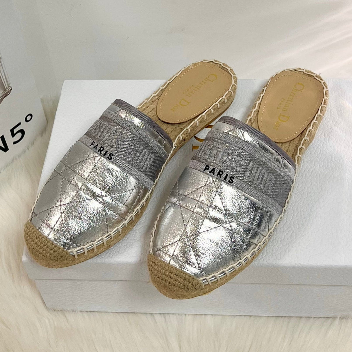 GRANVILLE ESPADRILLE MULE SILVER QUILTED CANNAGE CALFSKIN