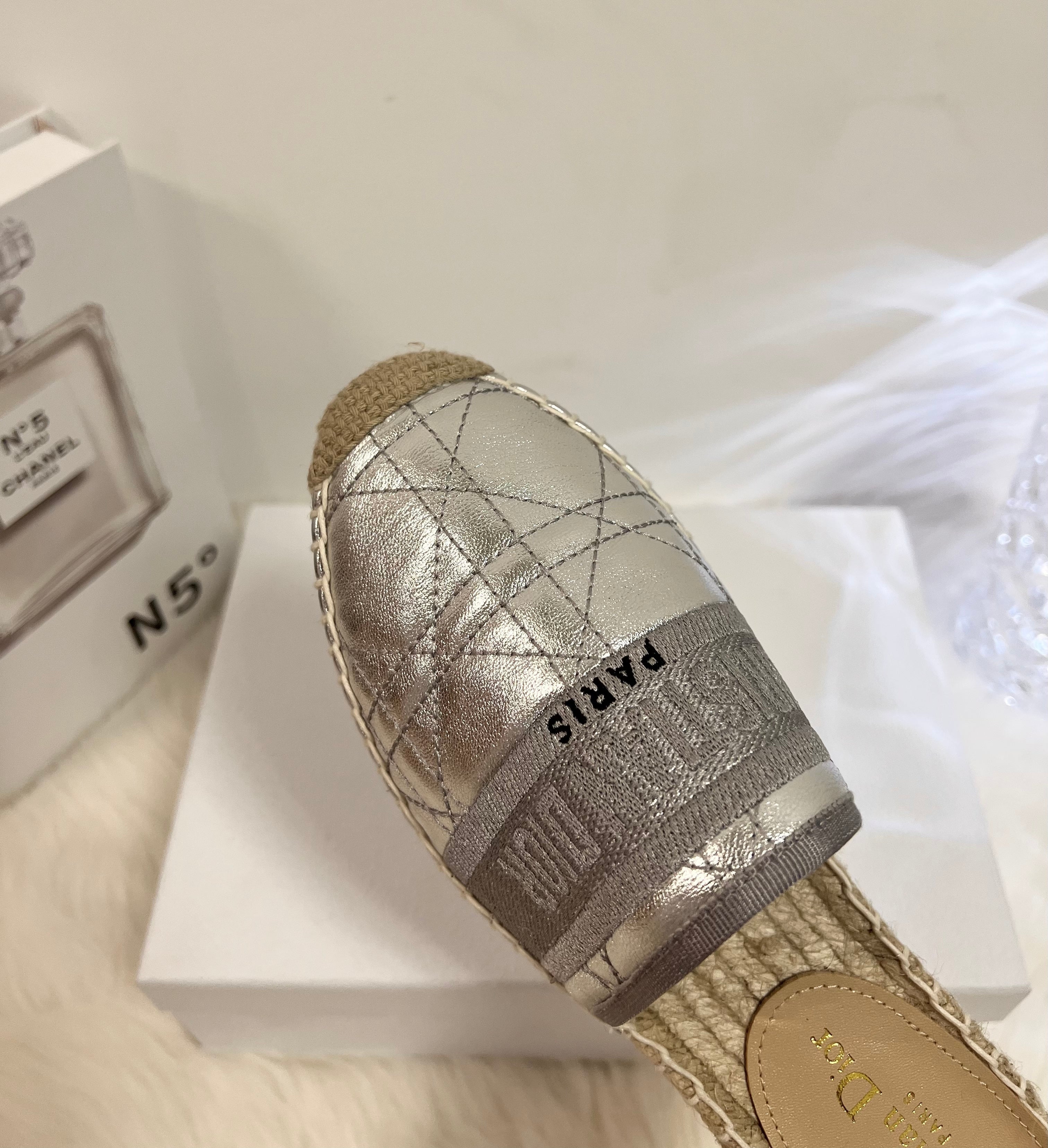 GRANVILLE ESPADRILLE MULE SILVER QUILTED CANNAGE CALFSKIN