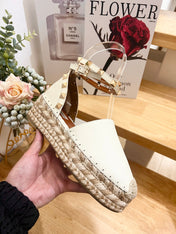 WHITE LEATHER ROCKSTUD ESPADRILLES ANKLE STRAP FLATS