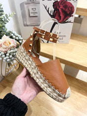 BRONZE BROWN LEATHER ROCKSTUD ESPADRILLES ANKLE STRAP FLATS