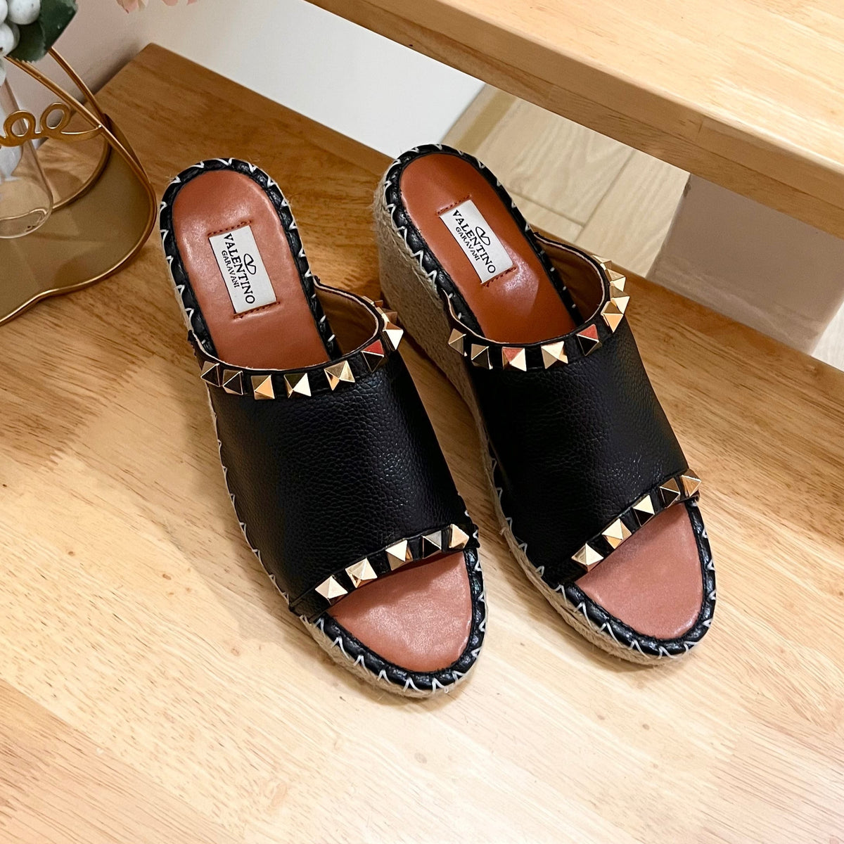 LACE-UP WEDGE SANDALS IN BLACK CALFSKIN WITH STUDS